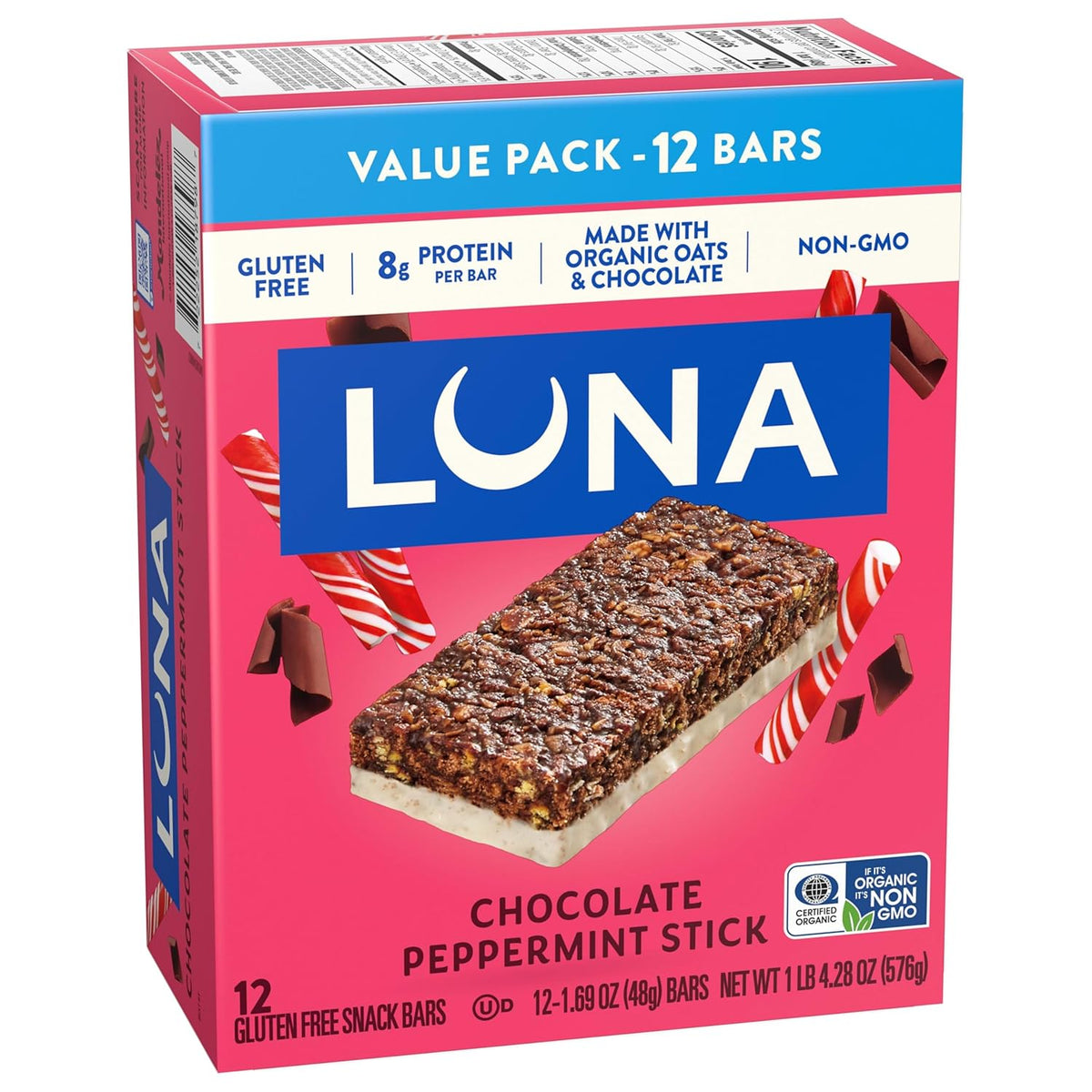 LUNA Bar Chocolate Peppermint Stick – Thoughtful Holiday Snack Gift for Her, Festive 12-Count Protein Bar Box