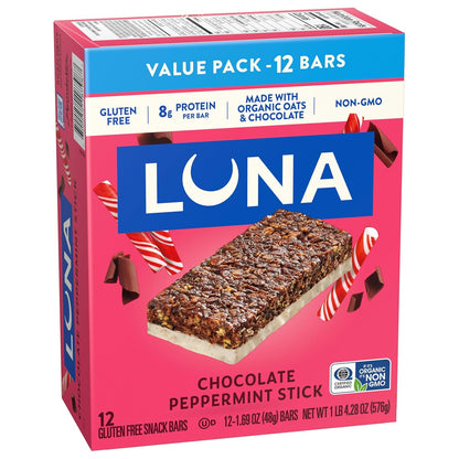 LUNA Bar Chocolate Peppermint Stick – Thoughtful Holiday Snack Gift for Her, Festive 12-Count Protein Bar Box