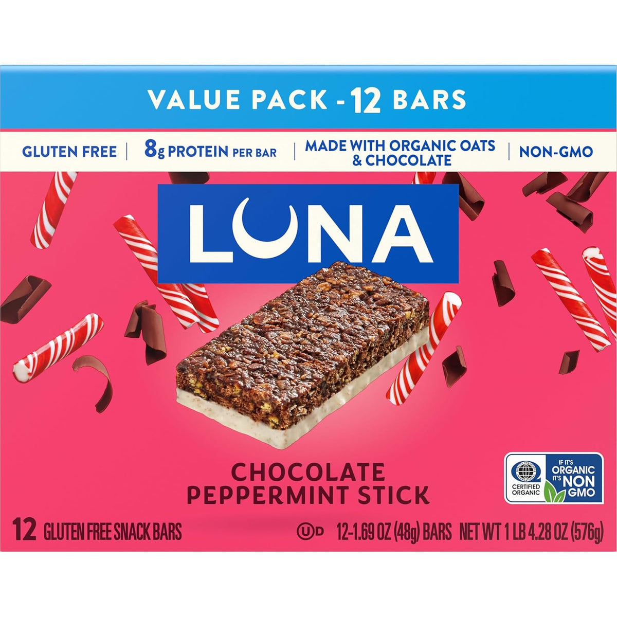 LUNA Bar Chocolate Peppermint Stick – Thoughtful Holiday Snack Gift for Her, Festive 12-Count Protein Bar Box