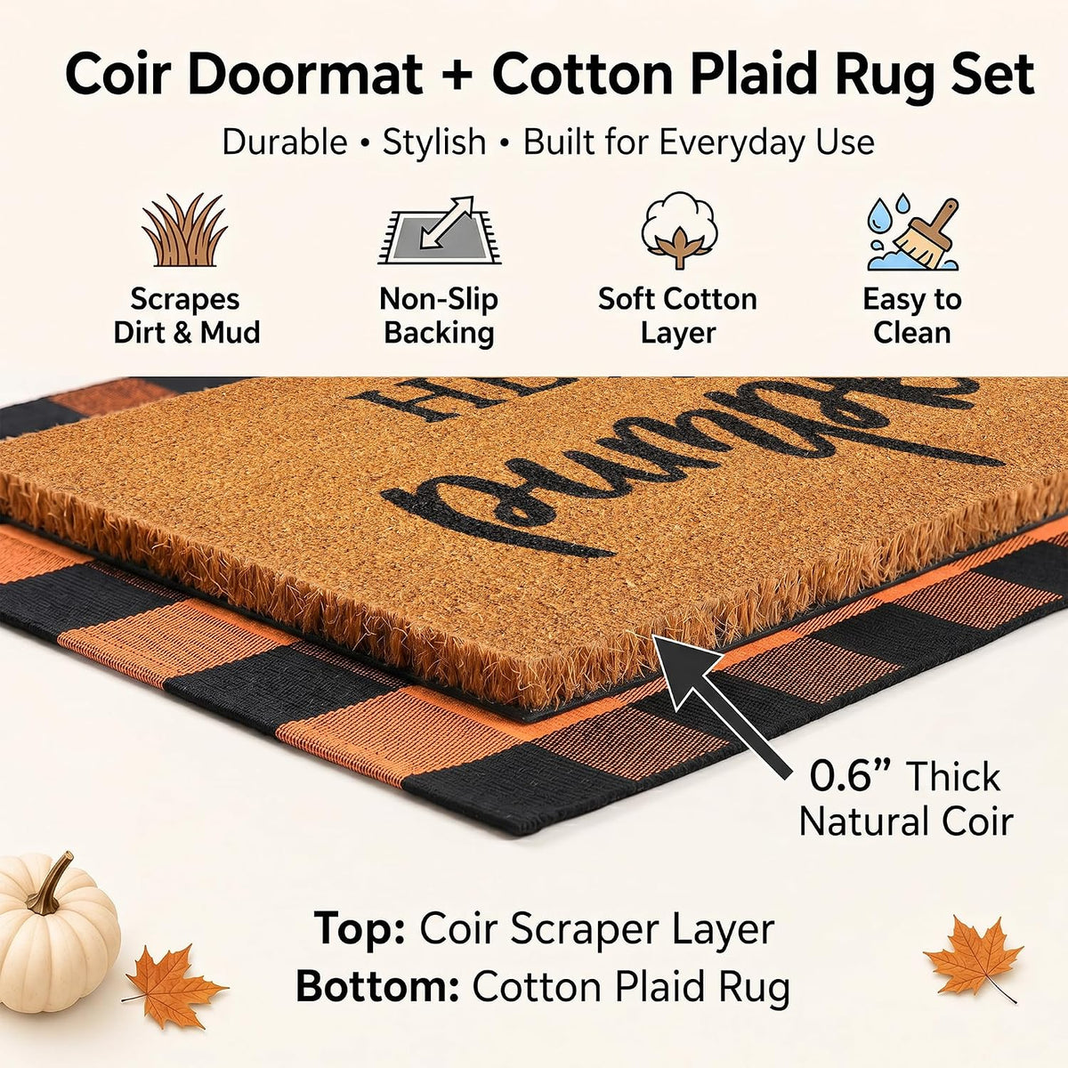 machine wash cold care for the rug; shake or brush clean for the coir mat