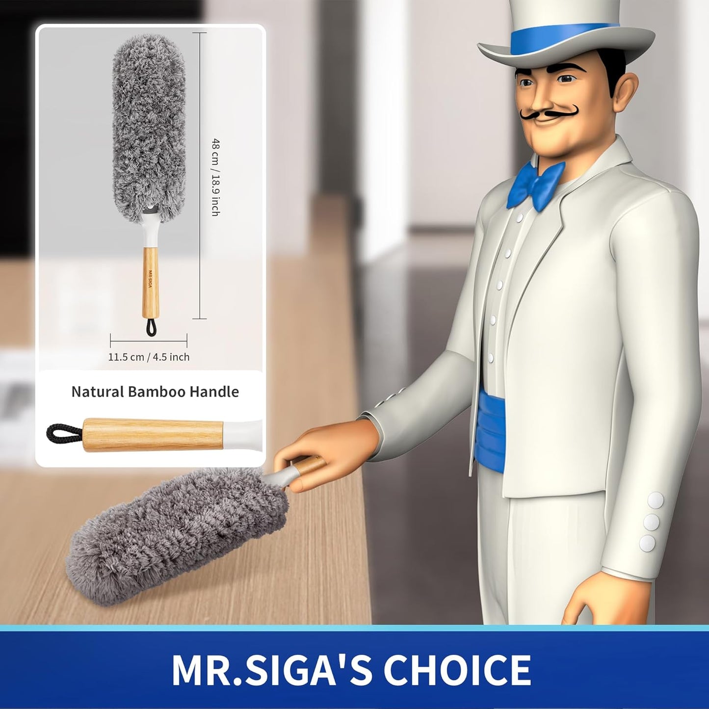 machine-washable microfiber head (no bleach, tumble dry, or iron)