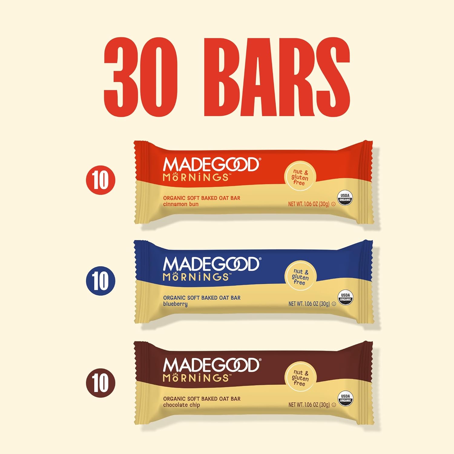 MadeGood Mornings Soft-Baked Oat Bars – Pre-Portioned Afternoon Pick-Me-Up for Professionals, 30 Individually Wrapped Bars