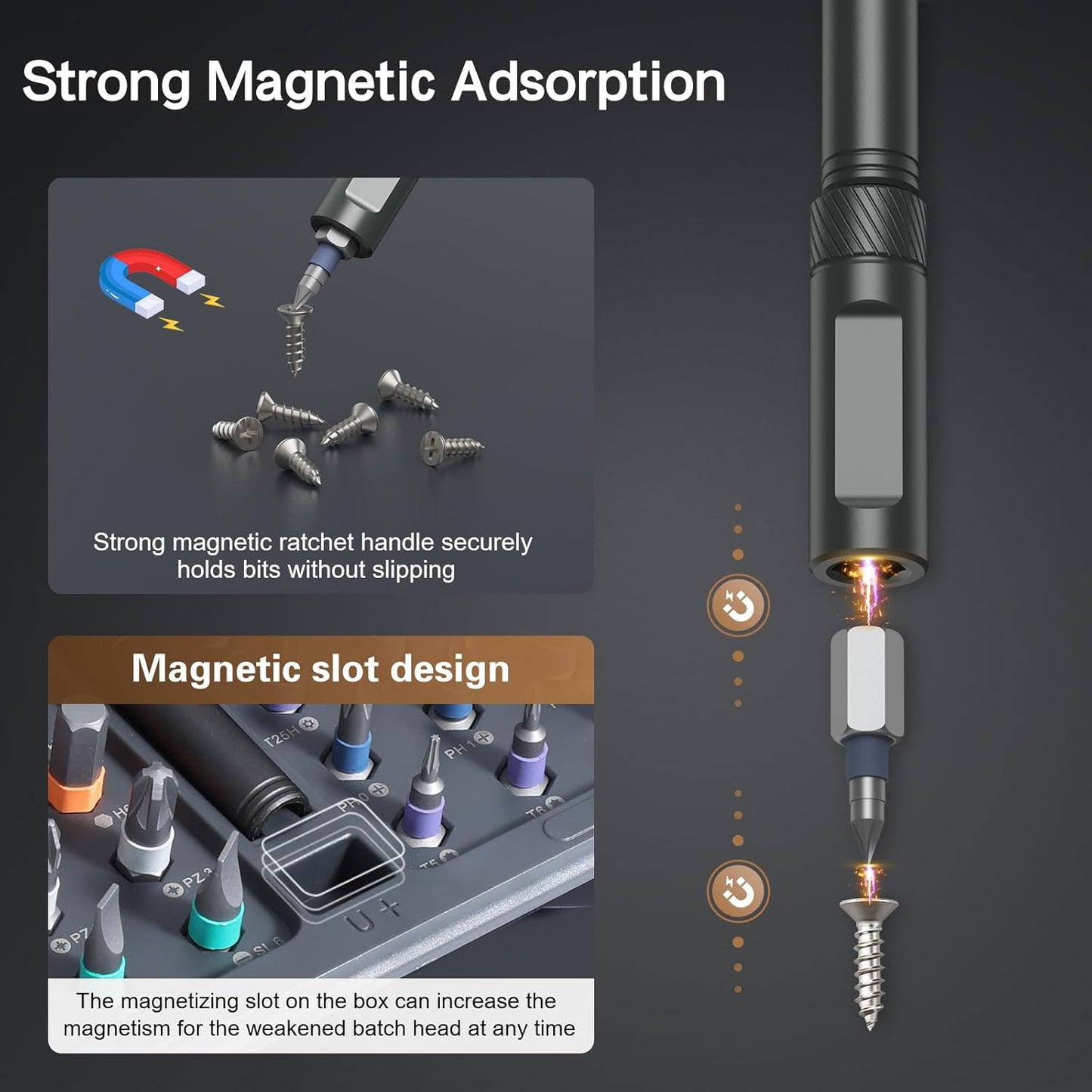 magnetic handle and integrated magnetic slot in the storage case to recharge bit magnetism on demand