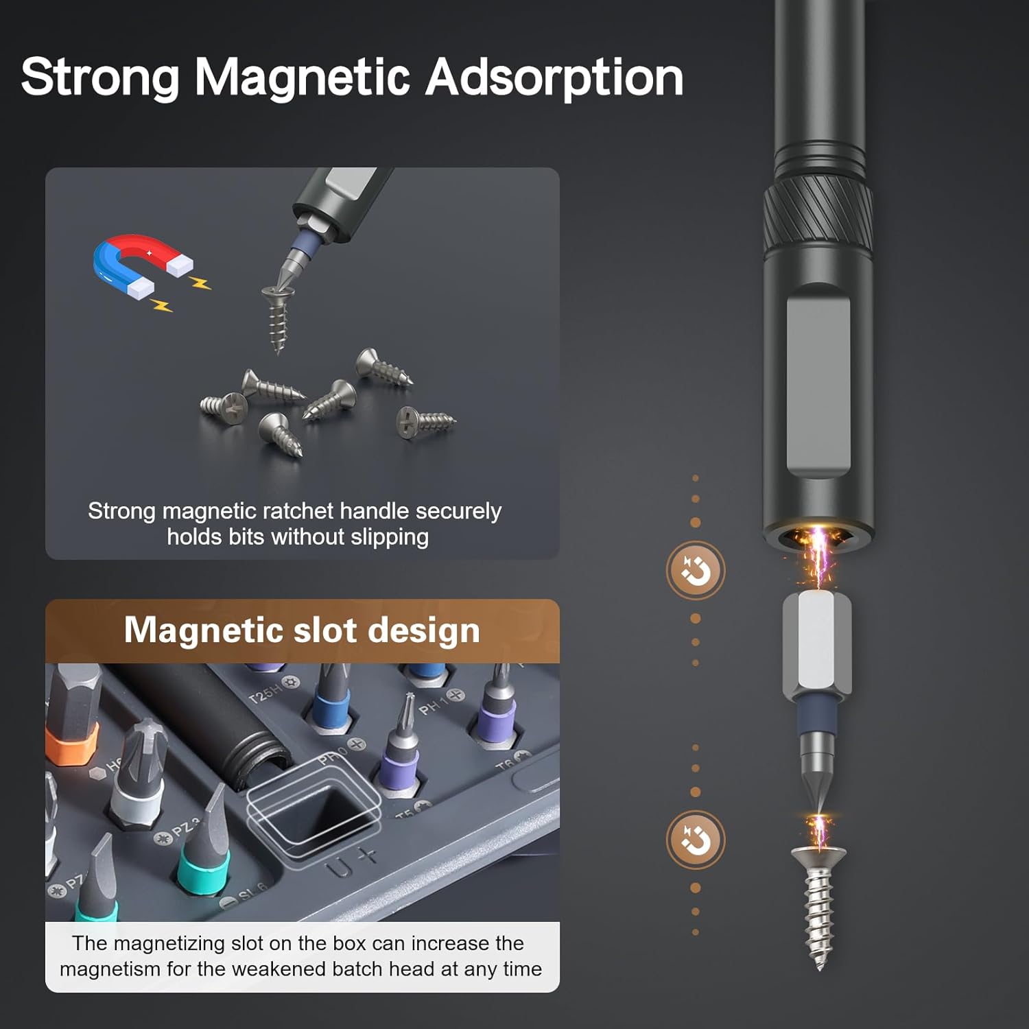 magnetic handle and integrated magnetic slot in the storage case to recharge bit magnetism on demand