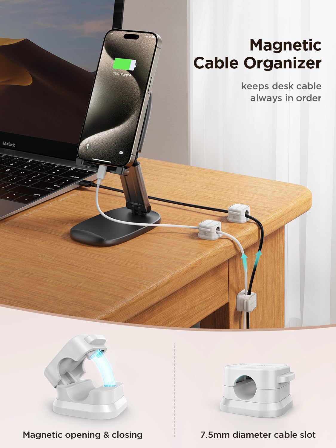 magnetic open/close clamp with 60° rotating shaft for one-hand cable swapping