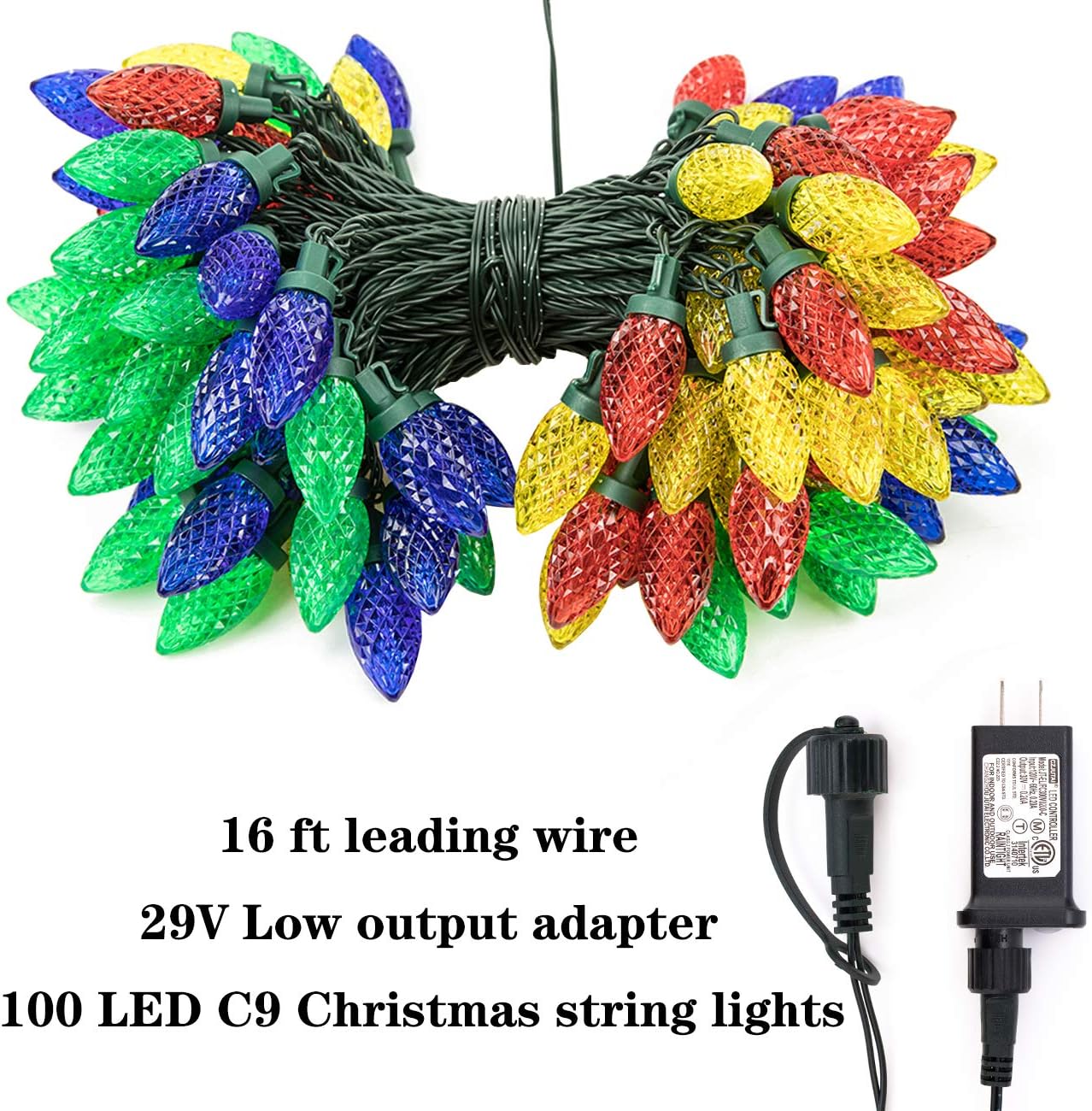 male/female end-to-end connectors supporting up to 5 linked strands (max 405 ft, 500 leds)
