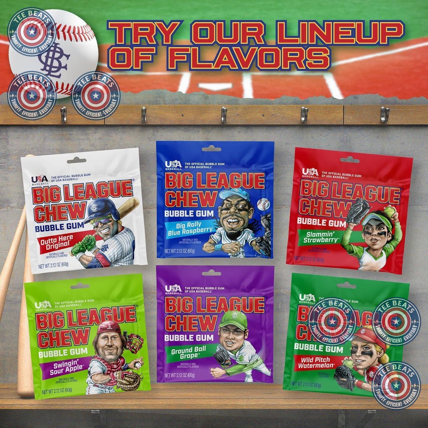 manufactured in the usa with baseball-themed graphics and copy