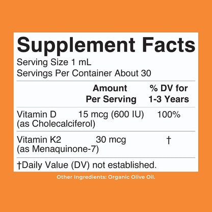 MARYRUTH'S Organic Vitamin D3 K2 Drops for Toddlers 1-3 Years, Allergen Free Vegan Supplement for Family Use