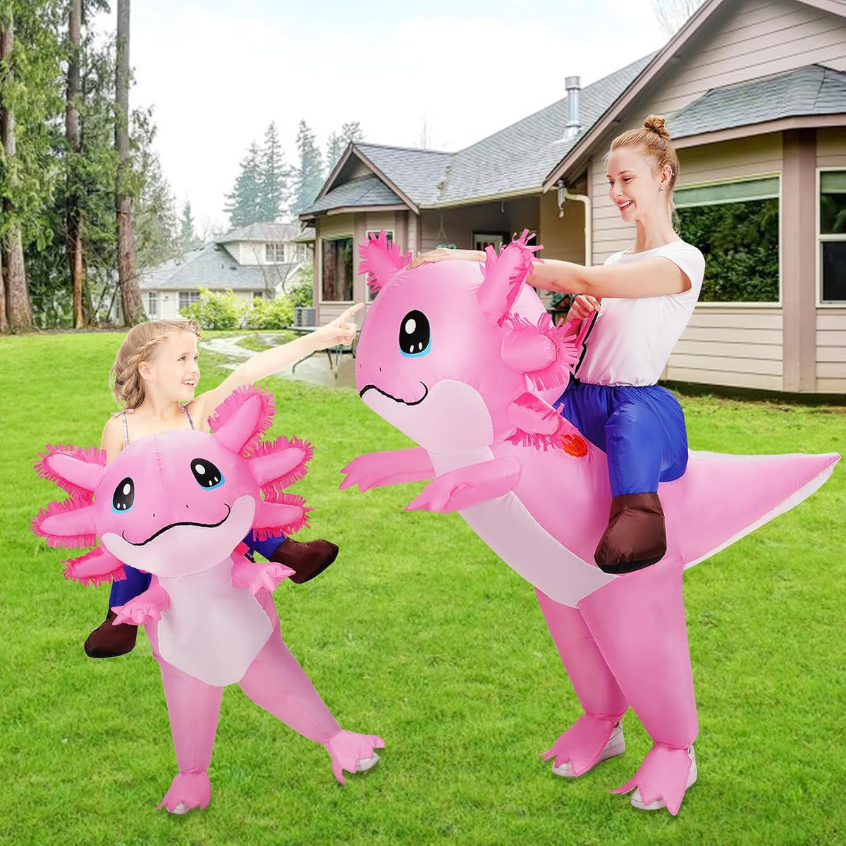 Mascostume Inflatable Dinosaur Axolotl Costume for Kids, Child-Friendly Ride-On Halloween Outfit with Auto Shutoff Blower for Nursery and Bedroom