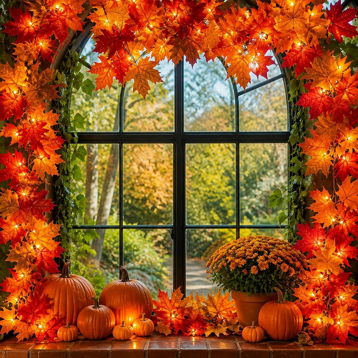 Meknow Lighted Fall Garland – Vivid Maple Leaf Decoration with Orange Incandescent Glow for Living Room, Doorframe, and Entryway