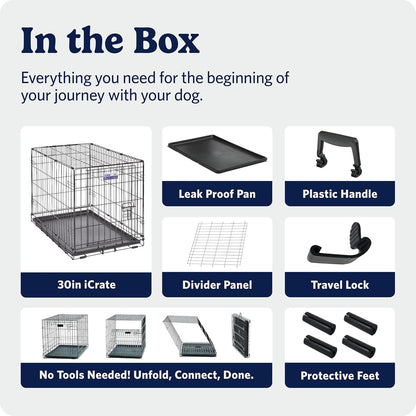 MidWest iCrate 30-Inch Fold-Flat Dog Crate with Carry Handle, Portable Travel Kennel for Road Trips and Hotels