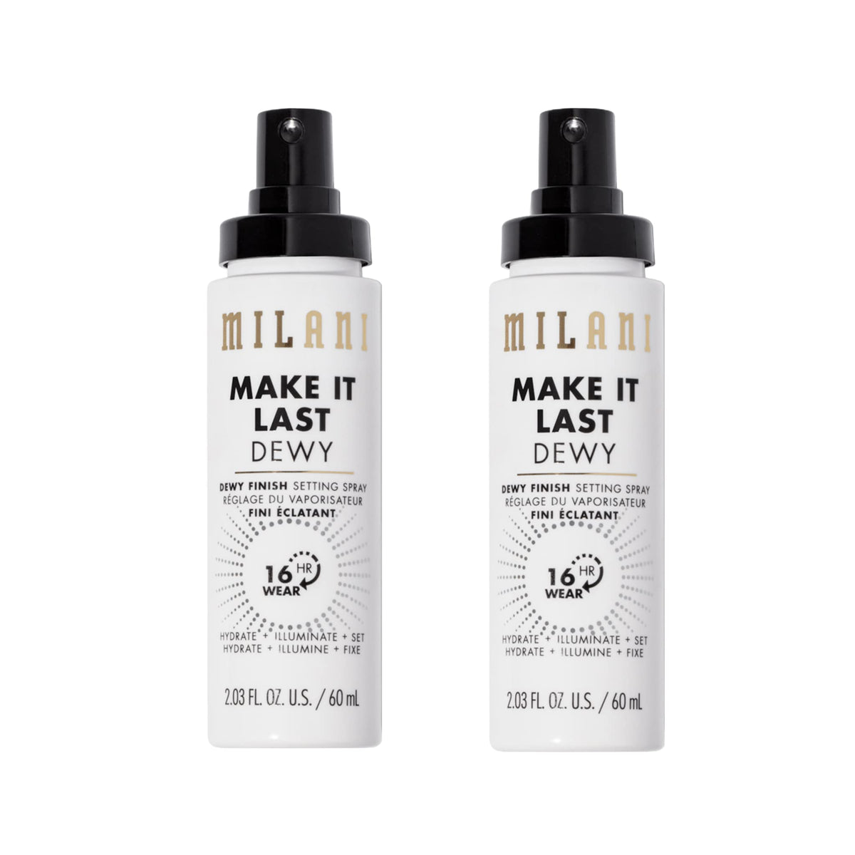 Milani Setting Spray + Primer, Make It Last Dewy - Dewy Finish Moisturizing Formula for Glow on the Go, Setting Spray for Makeup and Face Primer, Prime + Set + Hydrate, 2.03 Fl. Oz - 2 Pack