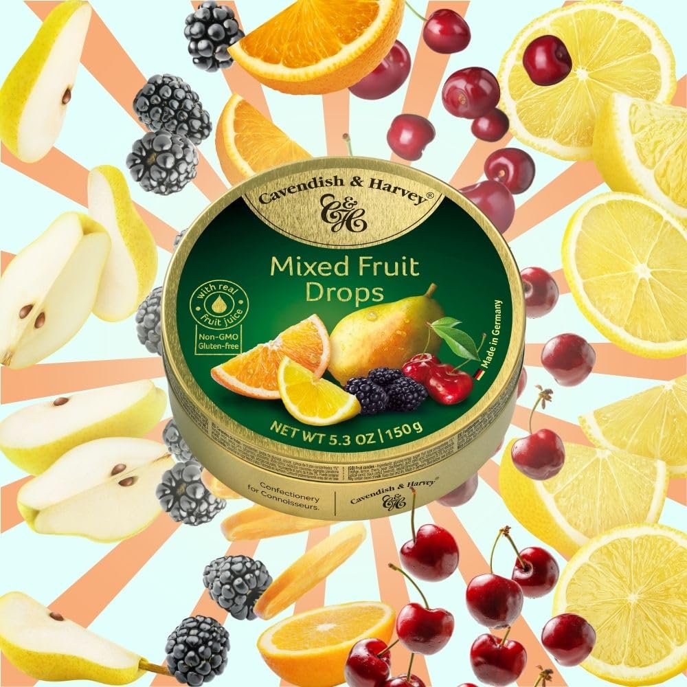 mixed fruit assortment: lemon, cherry, blackberry, orange, and pear