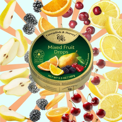 mixed fruit assortment: lemon, cherry, blackberry, orange, and pear