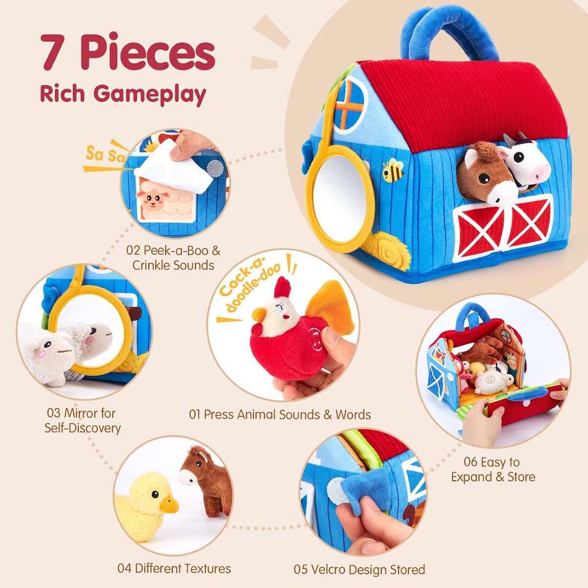 montessori-style opening for fill-in and catch-out animal play plus a built-in mirror for self-discovery