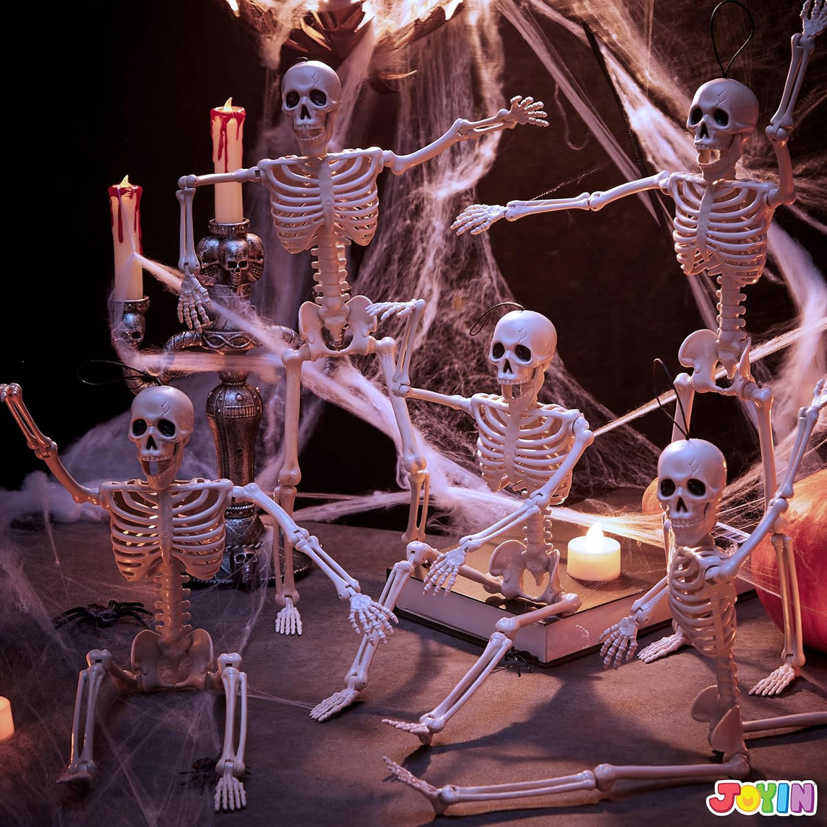 JOYIN 5-Pack Posable Skeleton Decor – 16 Inch Realistic Bone Figures for Living Room Shelves, Staircase Displays, and Hallway Ambiance