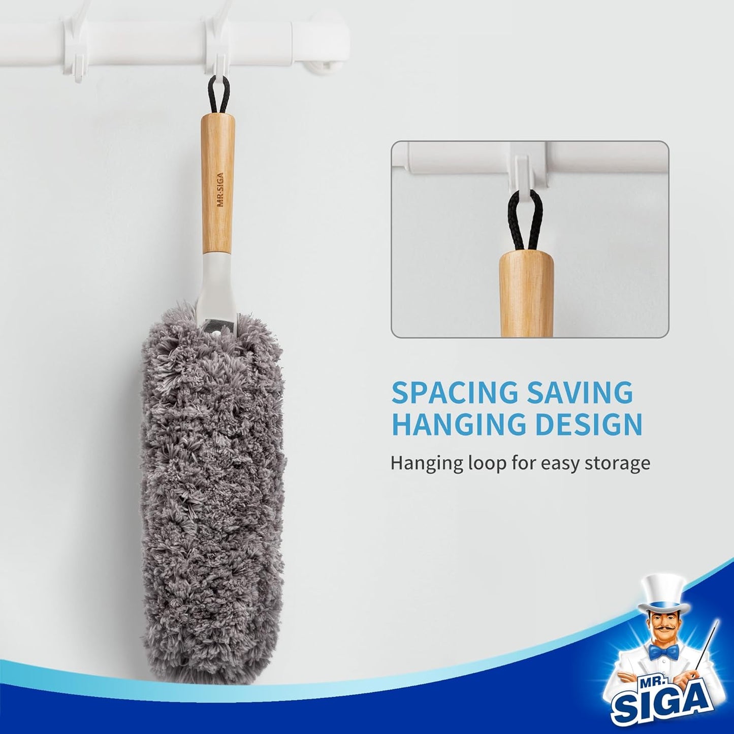 MR.SIGA Bamboo Handle Duster – Lightweight 130 g Tool for Fatigue-Free, Joint-Friendly Cleaning