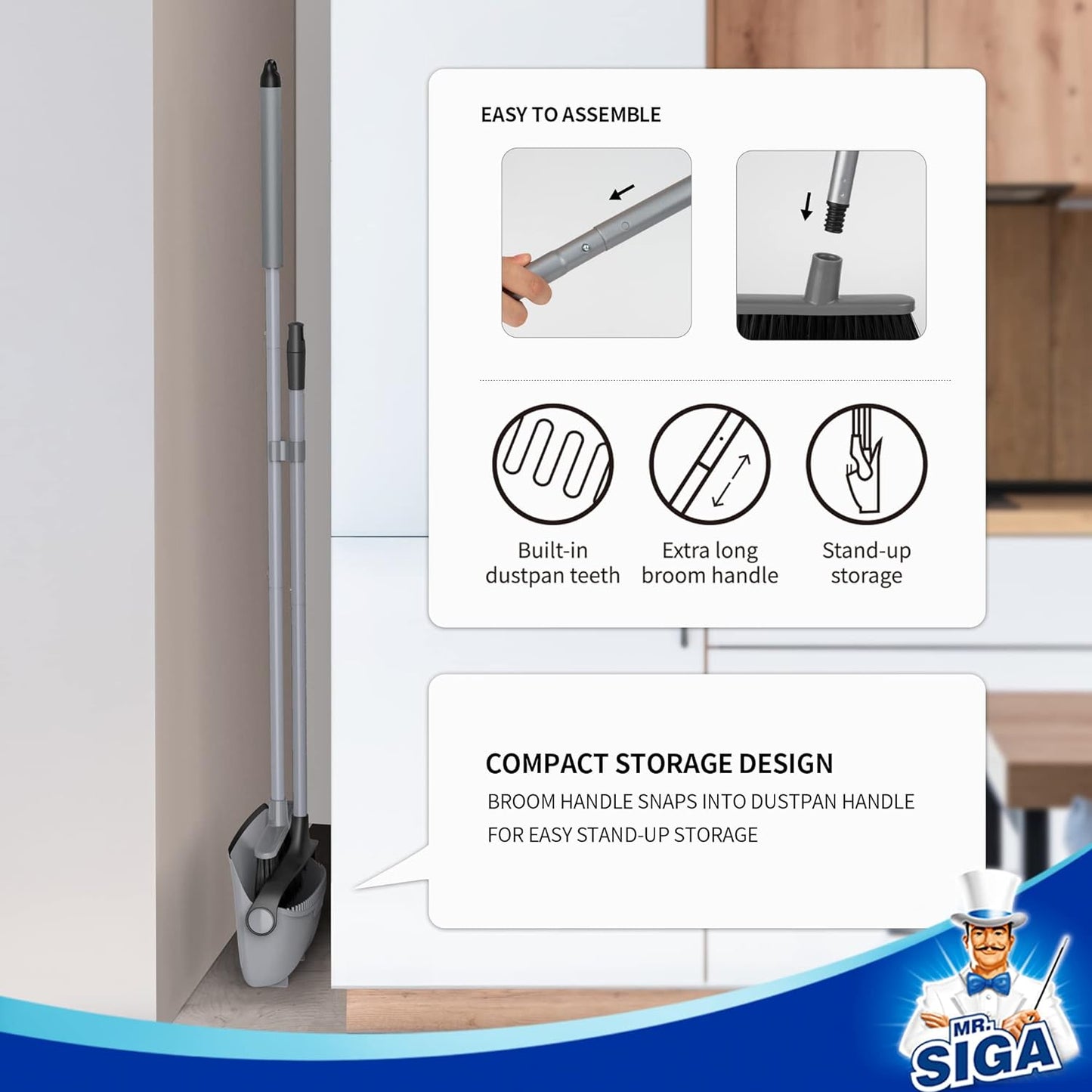 MR.SIGA Broom and Dustpan Set with Adjustable Long Handle, Durable Steel Combo for Garage and Driveway Debris, Gray