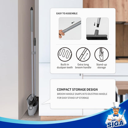 MR.SIGA Broom and Dustpan Set with Adjustable Long Handle, Durable Steel Combo for Garage and Driveway Debris, Gray