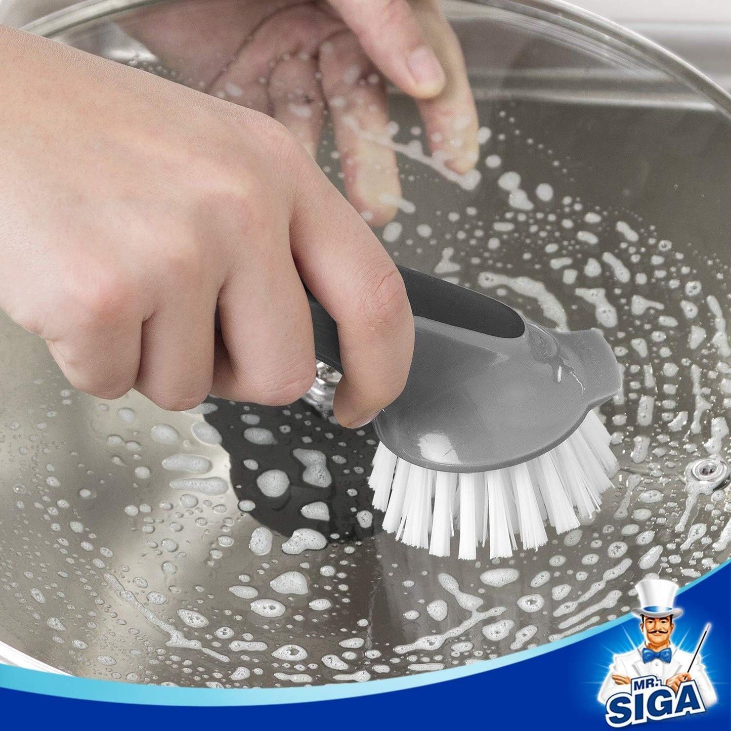 MR.SIGA Non-Scratch Dish Brush with Built-In Scraper, Family-Safe Cookware Cleaner for Home Kitchens, Residue Scrubbing