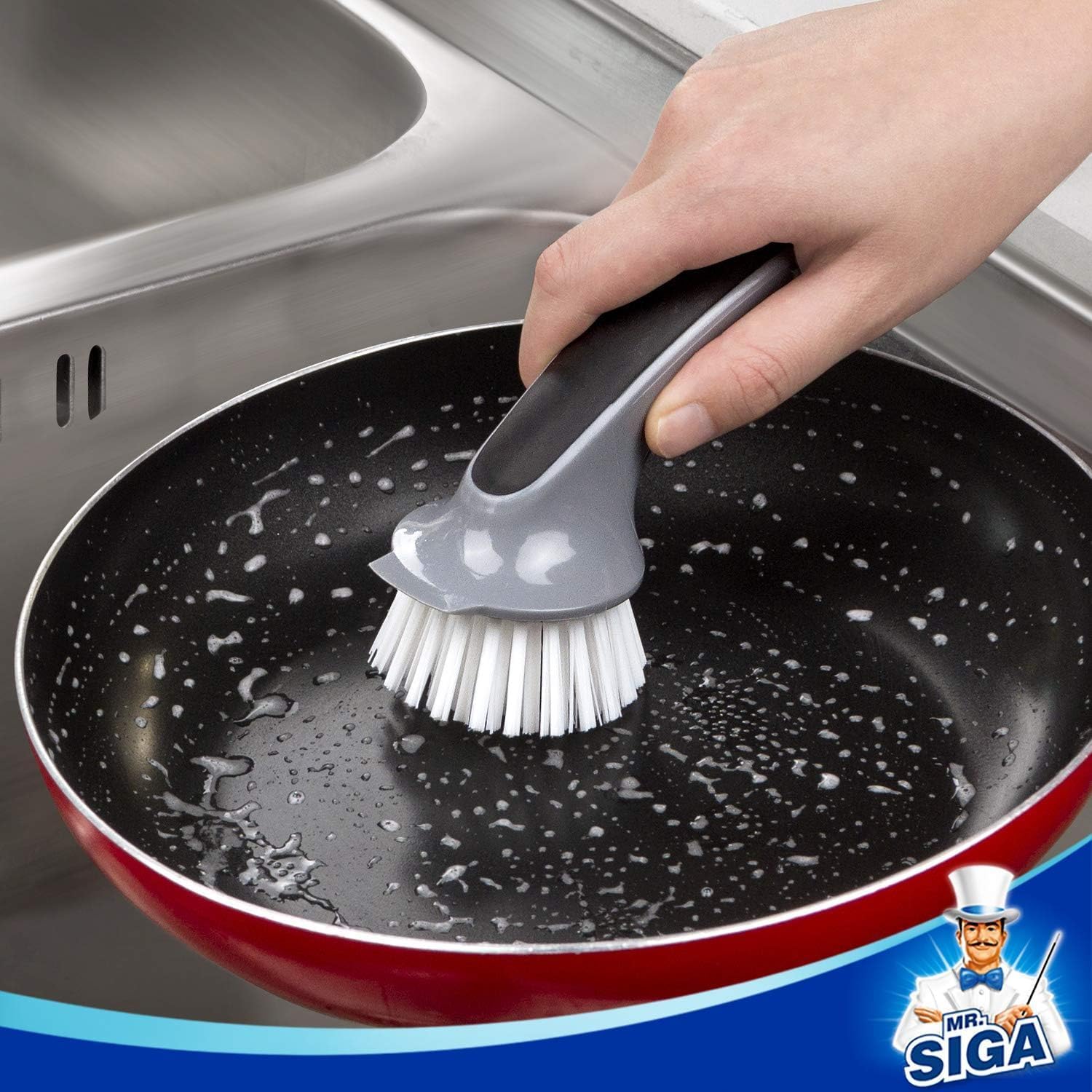 MR.SIGA Non-Scratch Dish Brush with Built-In Scraper, Family-Safe Cookware Cleaner for Home Kitchens, Residue Scrubbing