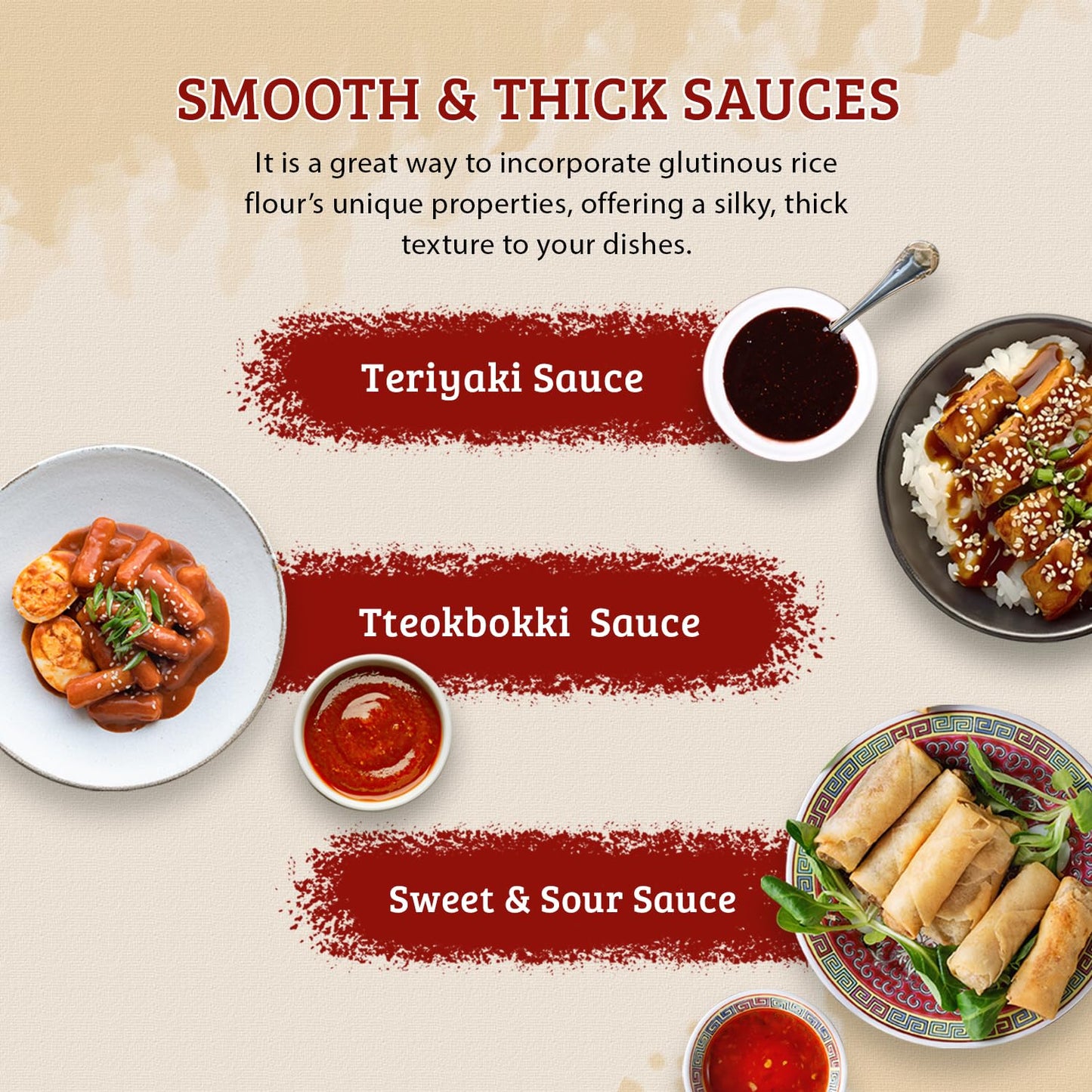 multi-format line: 16 oz and 32 oz sizes in packs of 1, 2, or 3 across both thai rice flour and glutinous rice flour variants