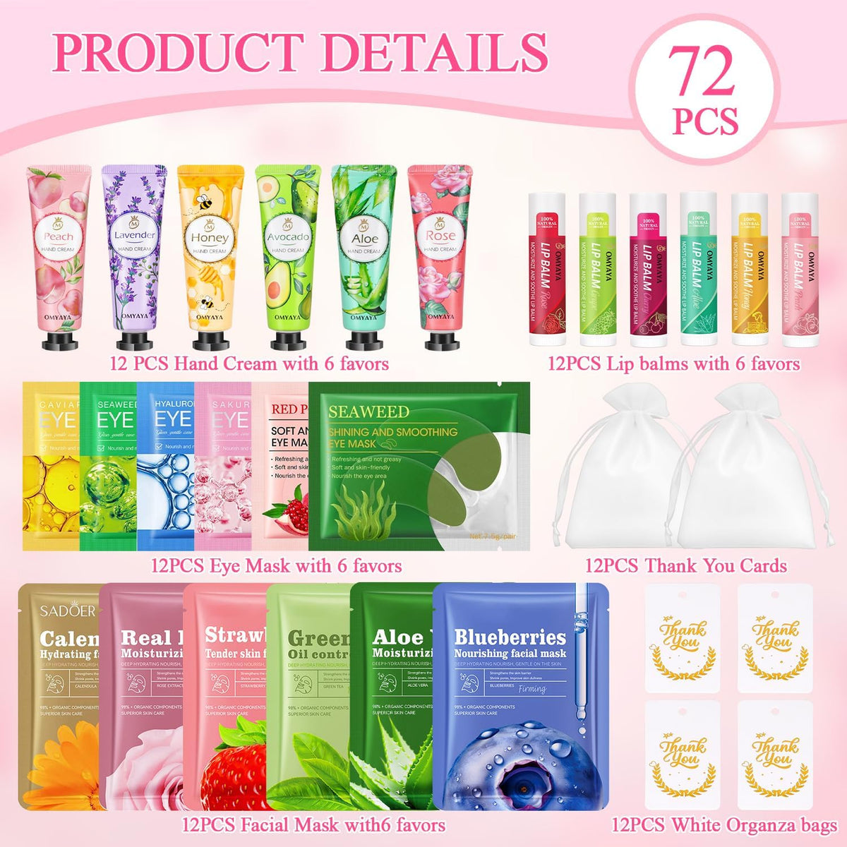 multi-fragrance assortment including strawberry, blueberry, aloe vera, peach, honey, rose, lavender, cherry blossom, and avocado