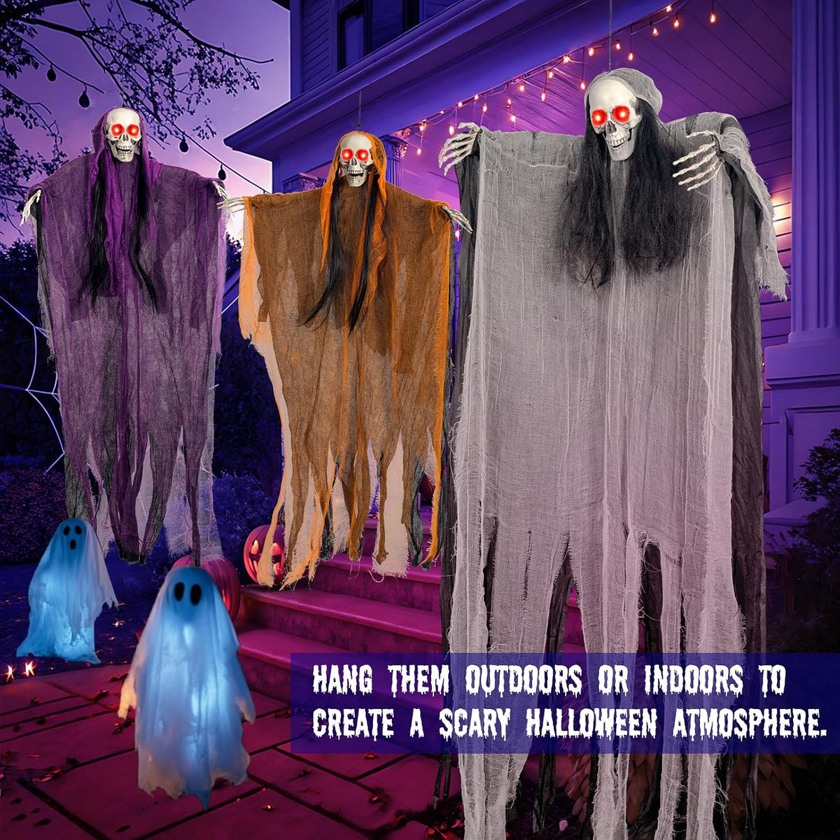 multicolor flowing gowns in purple, orange, and black to coordinate with traditional halloween palettes