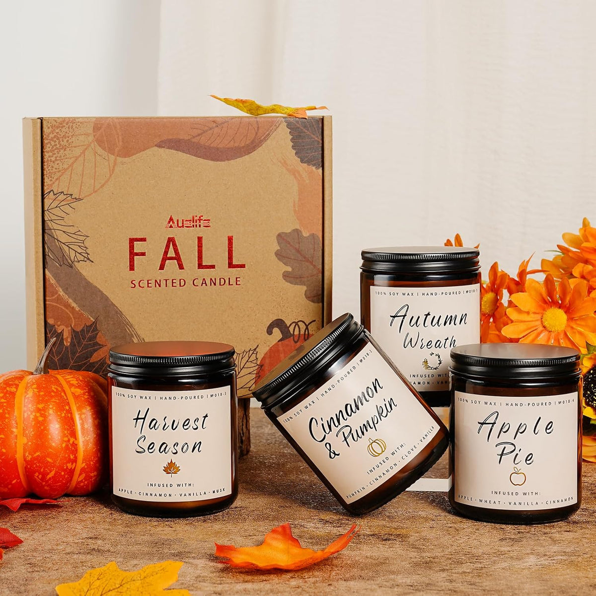multipack options include 28 oz 4-packs, 42 oz 6-packs, and a 56 oz 8-pack, with autumn, christmas, harvest, dessert, latte, and evergreen scent combinations