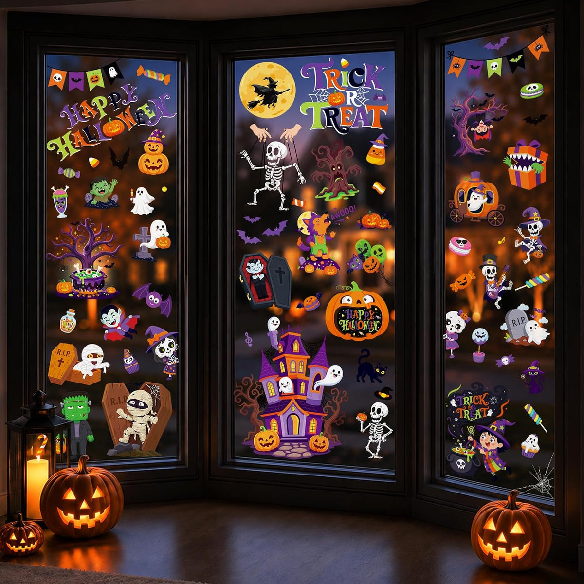 multiple classic halloween motifs: ghosts, witches, zombies, black cats, bats, pumpkins, wolf, devil trees