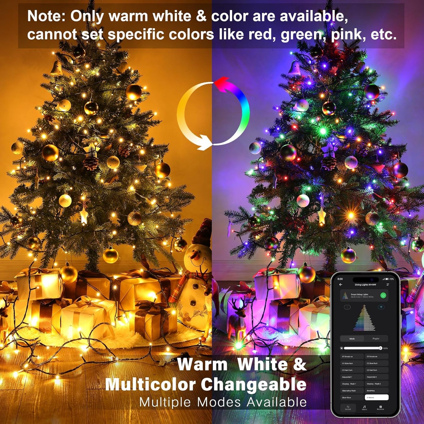 multiple dynamic modes including slow flash, chasing, twinkle, breathing, and slow-glow