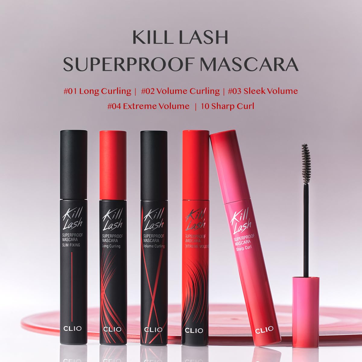 multiple effect variants (001 long curling, 002 volume curling, 004 extreme volume, 010 sharp curl, 020 bouncy lash) targeting different lash goals