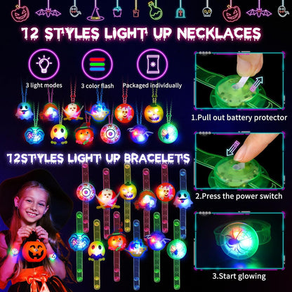 multiple flashing colors including red, blue, and green across different items