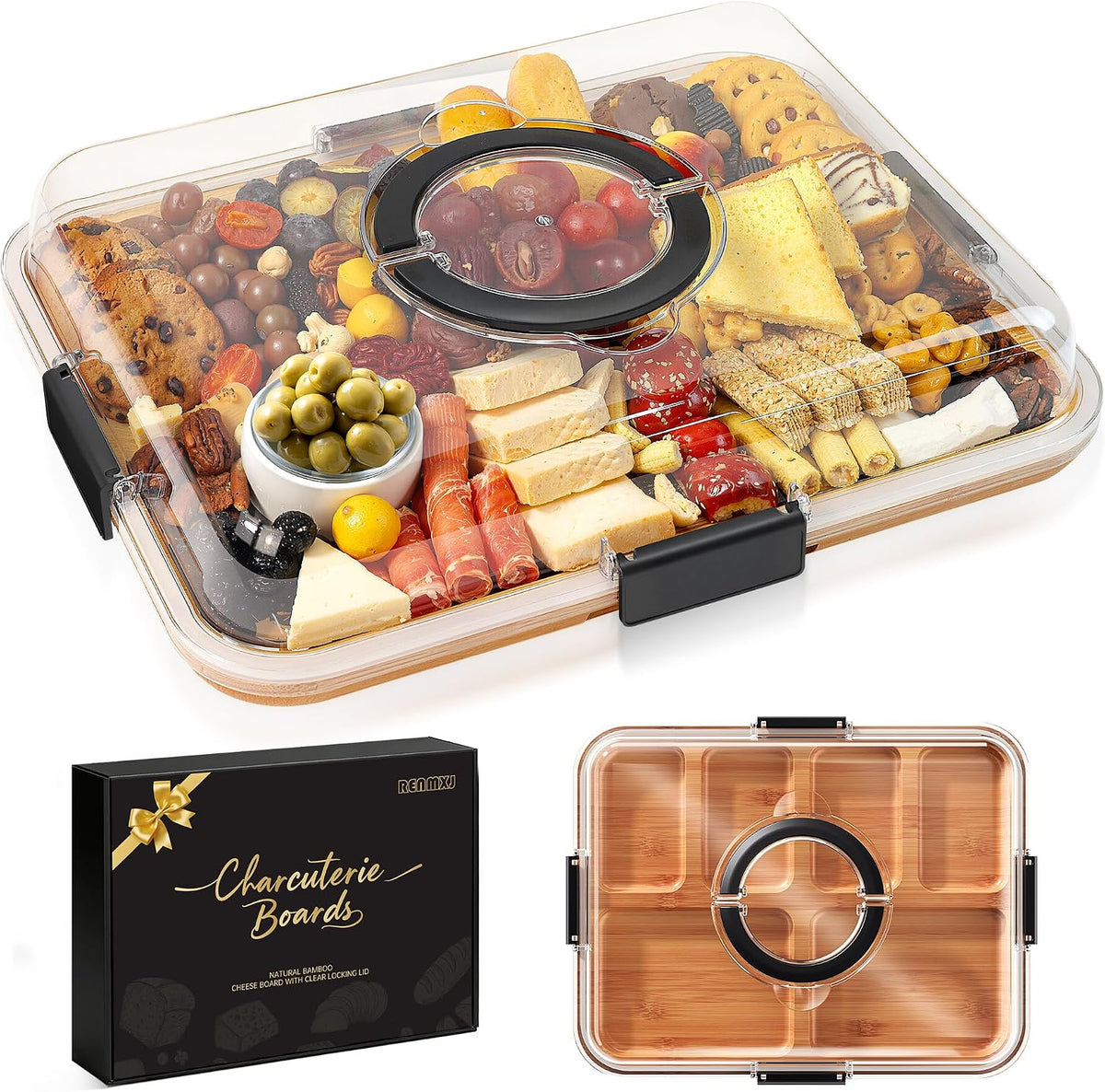 natural bamboo construction with a polished finish and clear acrylic lid.