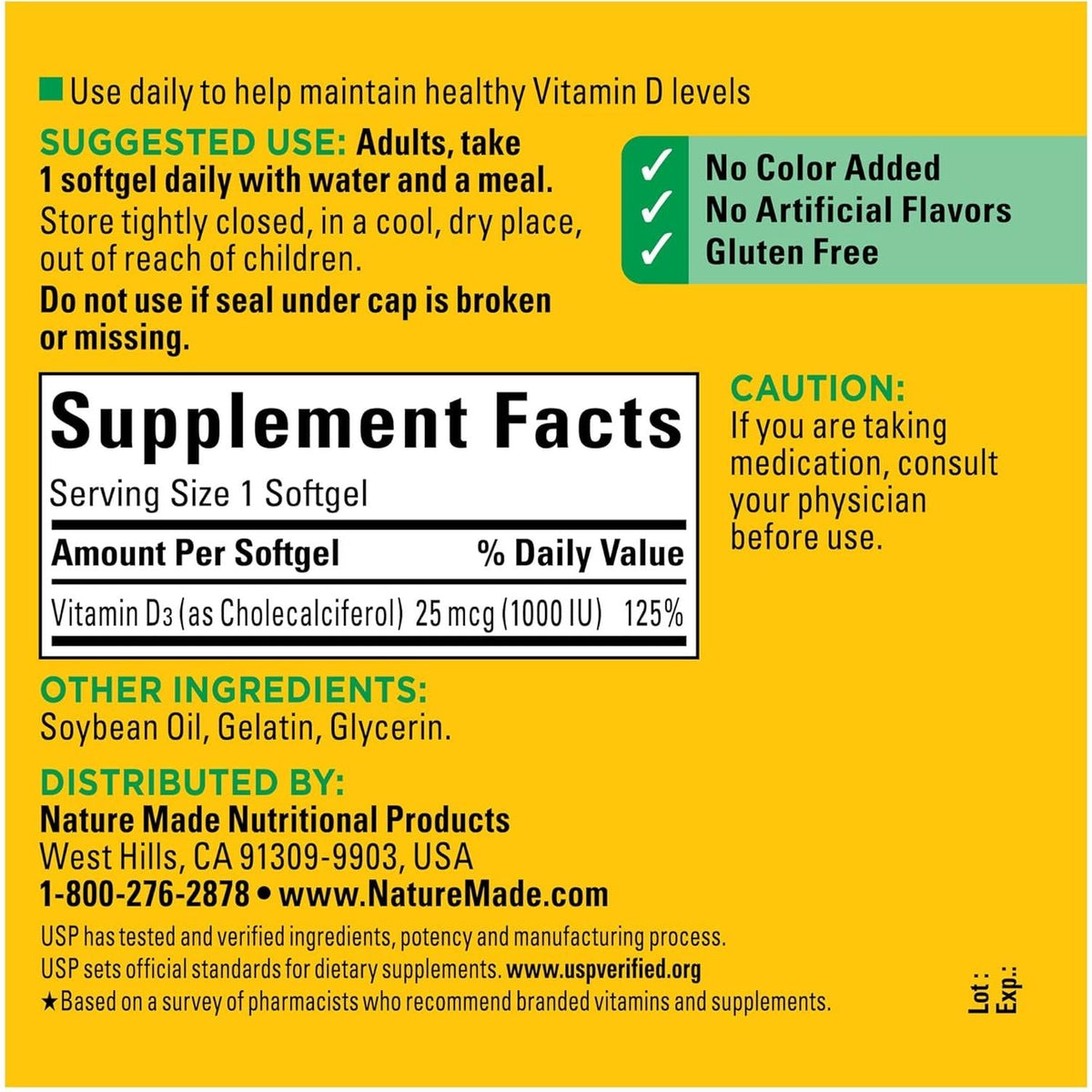 Nature Made Vitamin D3 1000 IU Softgels – Clean-Label Daily Supplement with No Artificial Additives, 180 Count