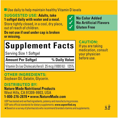 Nature Made Vitamin D3 1000 IU Softgels – Clean-Label Daily Supplement with No Artificial Additives, 180 Count