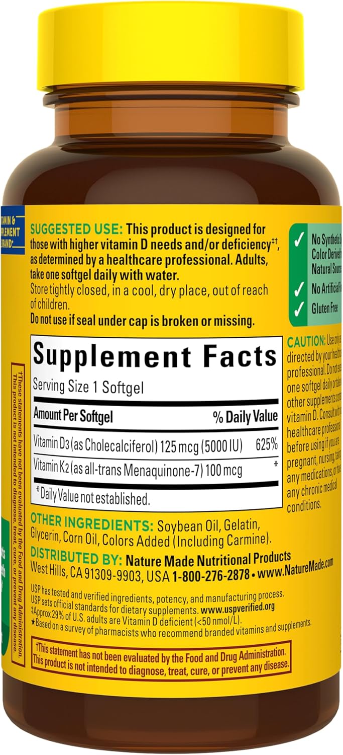 Nature Made Vitamin D3 K2 5000 IU – Quality Verified Softgel for Safe Long-Term Use