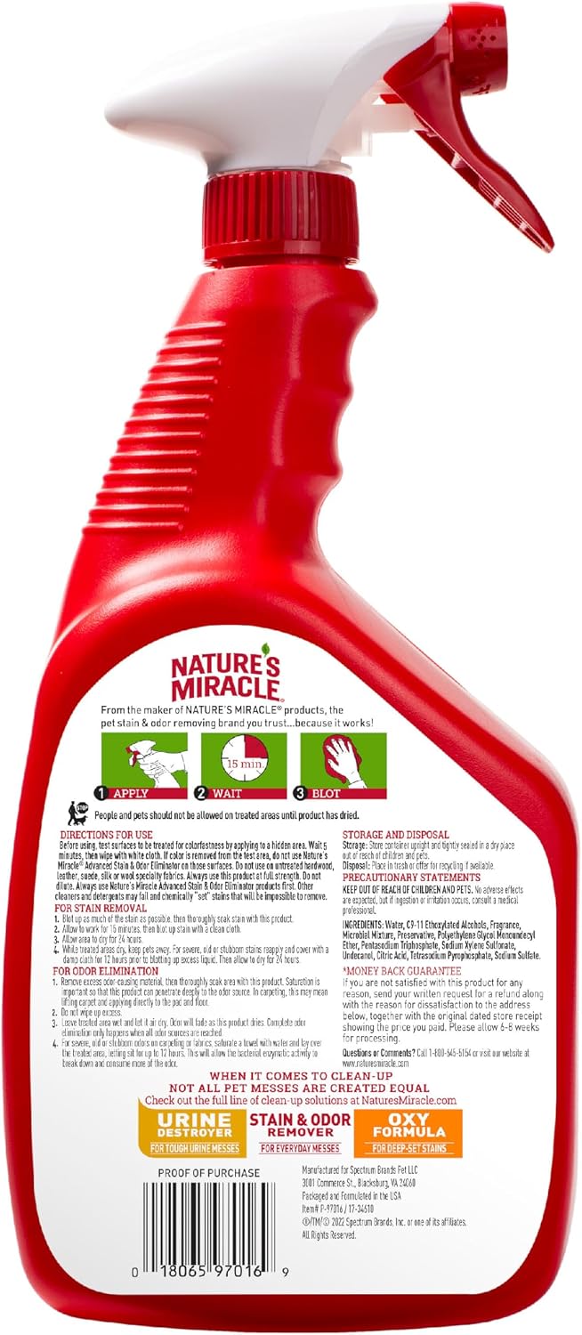 Nature's Miracle Advanced Stain and Odor Eliminator Dog Spray – Stress-Free Home Freshness for Relaxing Pet Households