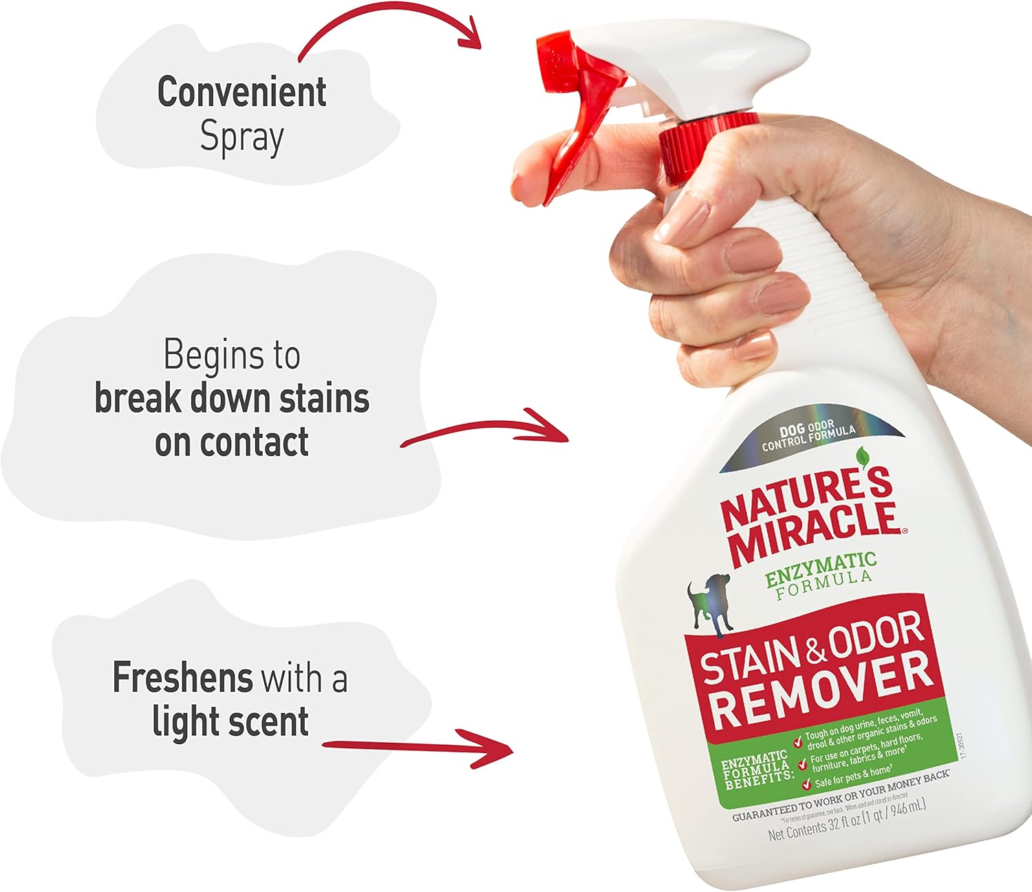Nature’s Miracle Stain and Odor Remover Dog, 32 Ounces – Versatile Enzymatic Spray for Carpet, Rugs and Upholstery