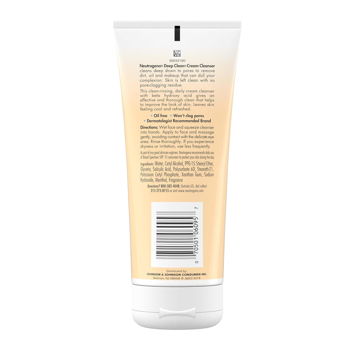 Neutrogena Deep Clean Daily Facial Cream Cleanser with Beta Hydroxy Acid for Quick AM Prep, Fast Morning Cleanser Before Work, 7 fl. oz