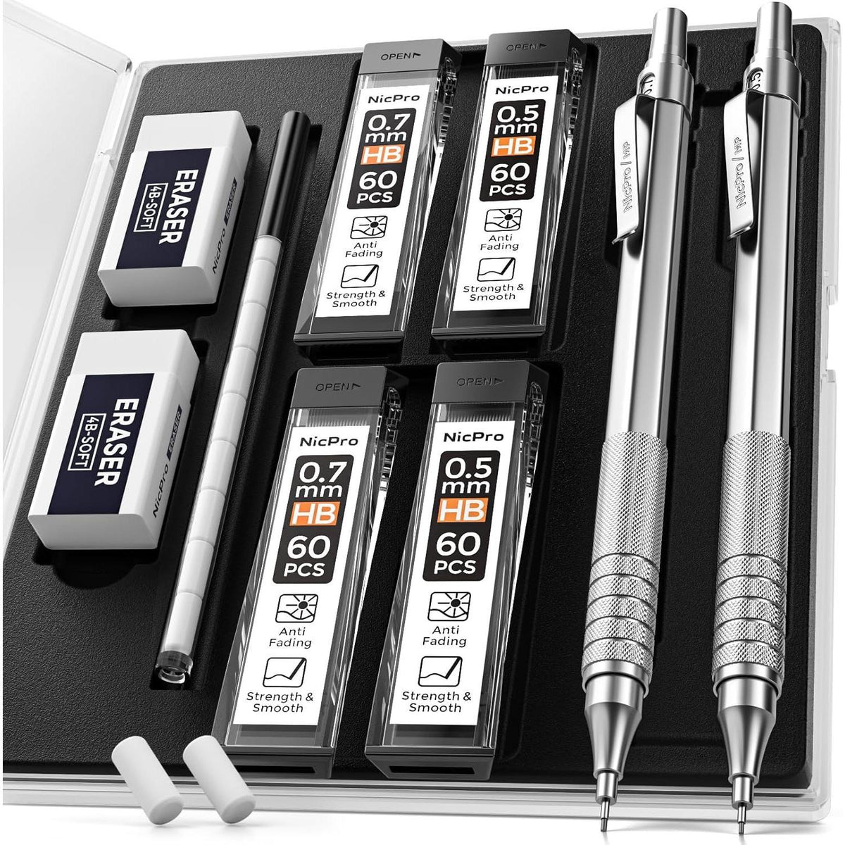 Nicpro 0.5 & 0.7mm Refillable Pencil Kit – Family-Friendly Writing Set for High School Students and Dorm Rooms