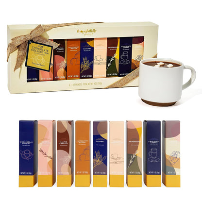 nine flavored cocoa mixes featuring chocolate cherry, snickerdoodle, gingerbread cookie, caramel, toasted marshmallow, and additional varieties