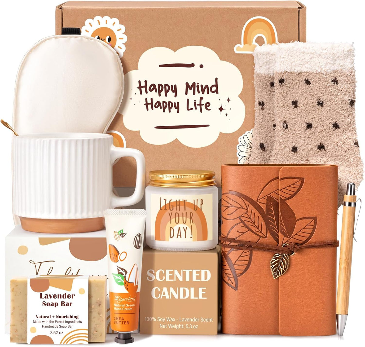 nine-piece assortment comprising a 16-ounce ceramic coffee mug, silk eye mask, plush fuzzy socks, scented candle, leather journal, black pens, hand cream, oatmeal coconut soap bar, and greeting card