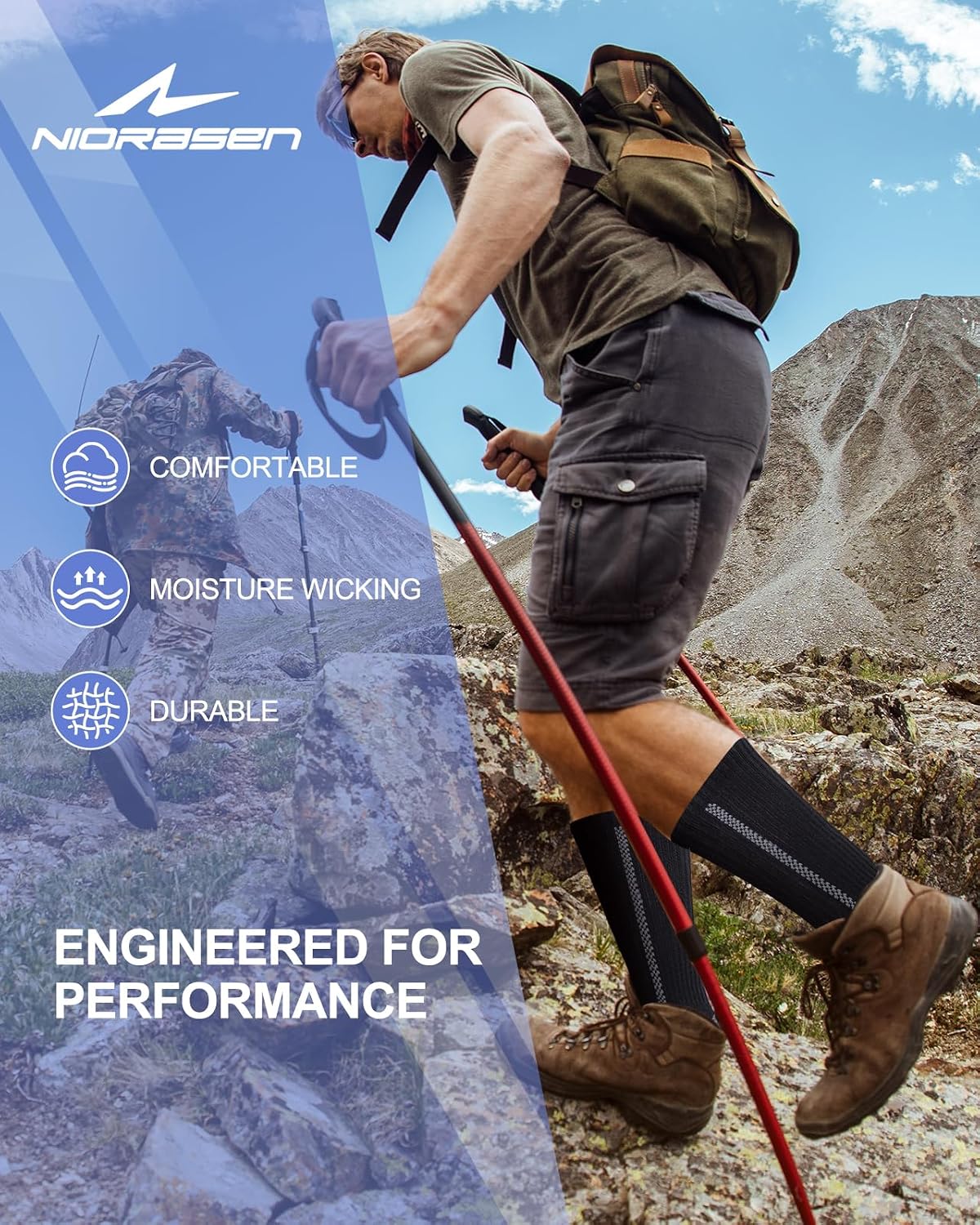 Niorasen Men's Crew Work Socks, 5 Pairs, Reinforced Cushioning for Mountain Trails and Weekend Camping
