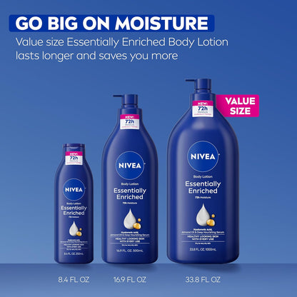 NIVEA Essentially Enriched Body Lotion for Very Dry Skin, Minimalist Daily Moisturizer with Non-Greasy Finish and 72-Hour Hydration, 33.8 Fl Oz Value Size