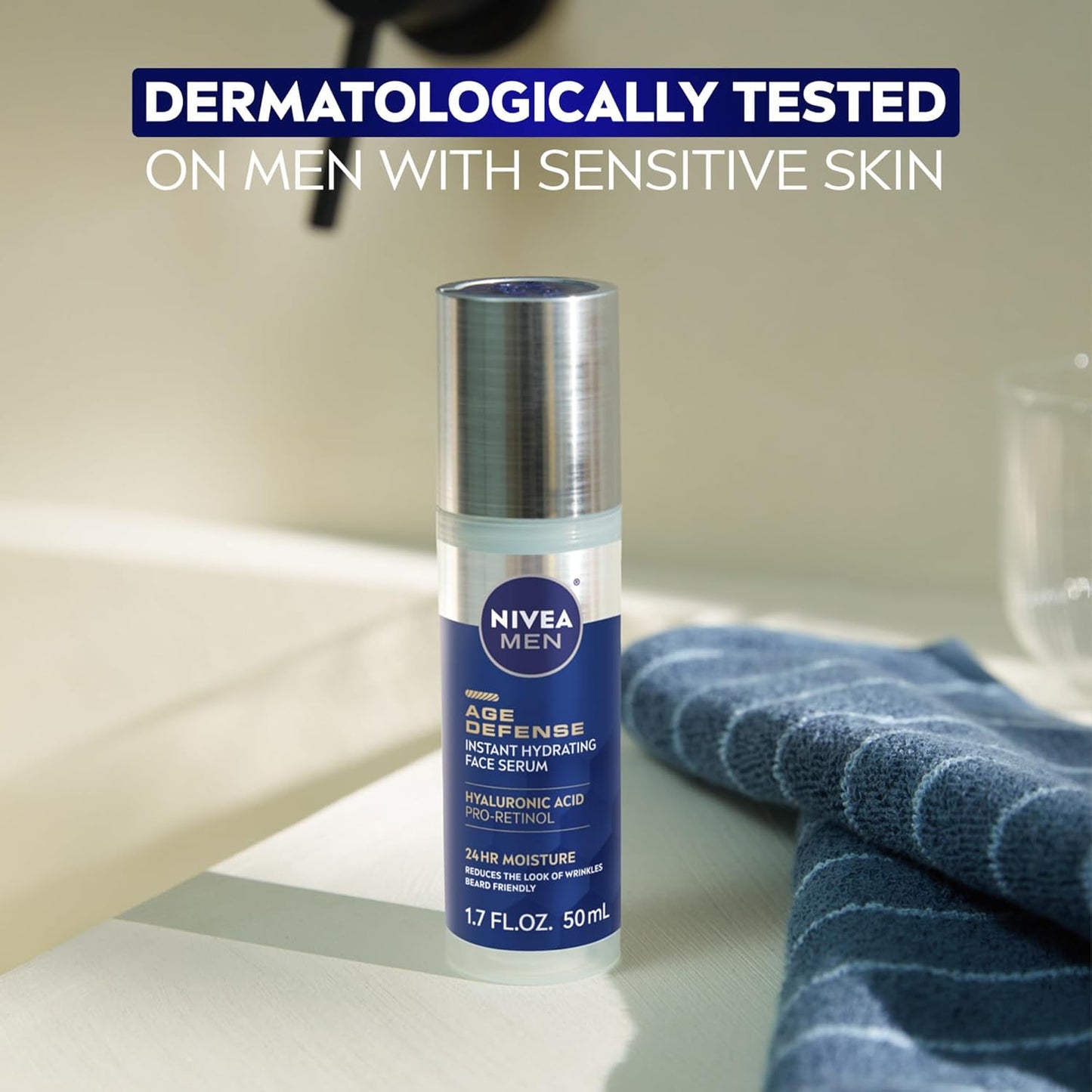 NIVEA MEN Age Defense Instant Hydrating Serum – High-End Hyaluronic Acid Formula for Him, 1.7 Fl Oz