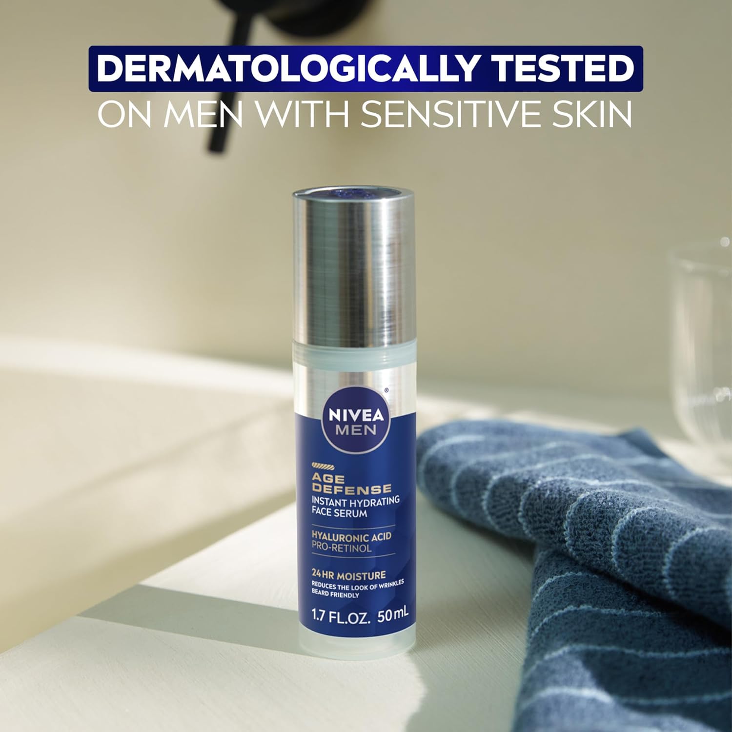 NIVEA MEN Age Defense Instant Hydrating Serum – High-End Hyaluronic Acid Formula for Him, 1.7 Fl Oz