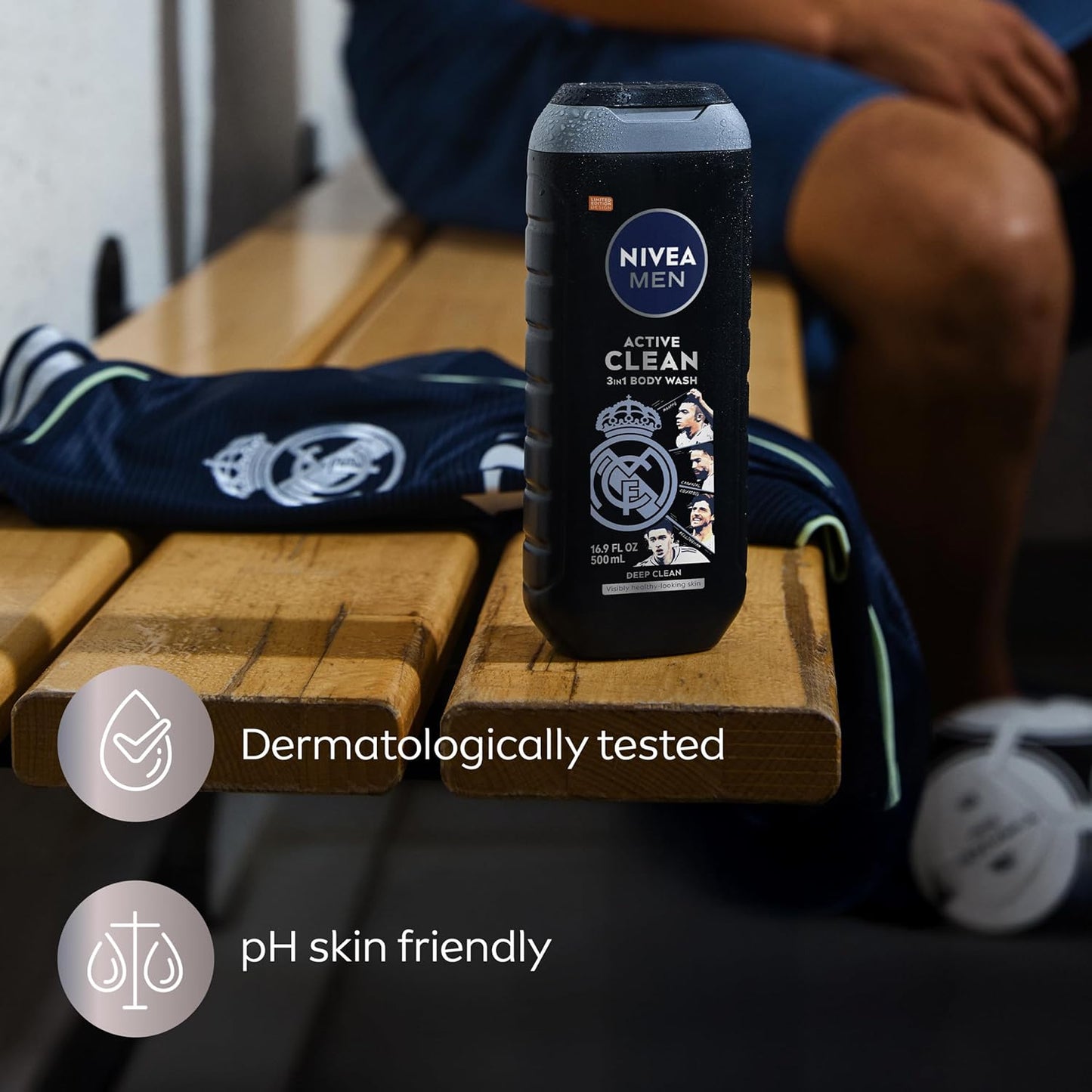 NIVEA MEN Real Madrid Active Clean Body Wash – Neutral, Uncluttered Shower Setup with a Single 3-in-1 Bottle