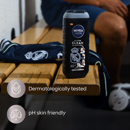 NIVEA MEN Real Madrid Active Clean Body Wash – Neutral, Uncluttered Shower Setup with a Single 3-in-1 Bottle