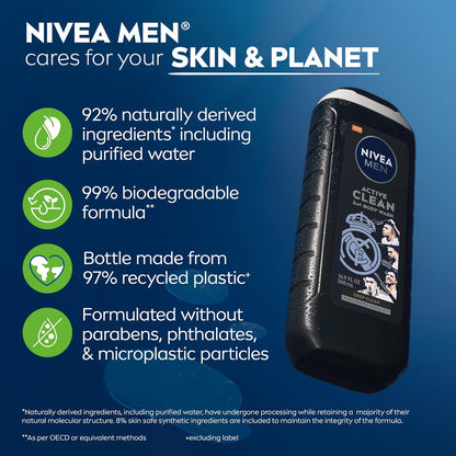 NIVEA MEN Real Madrid Active Clean Body Wash – Neutral, Uncluttered Shower Setup with a Single 3-in-1 Bottle